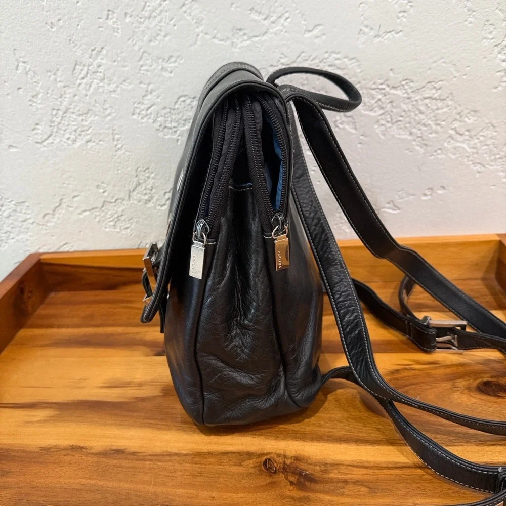 Perlina Black Leather Crossbody Messenger with Silver Accents